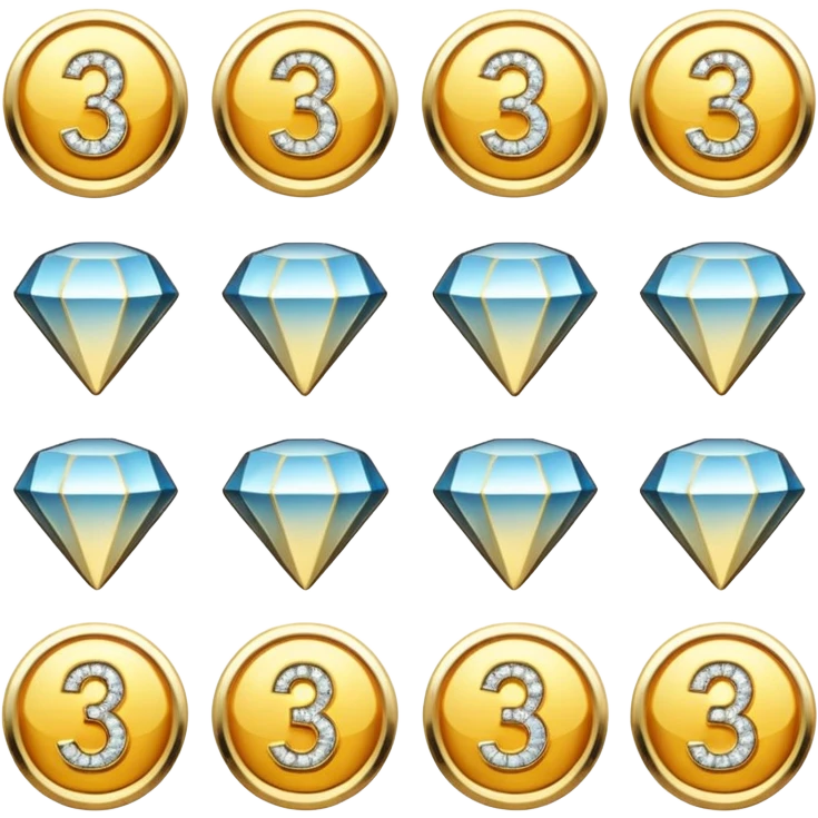 Gold badges with diamonds for paid subscriptions at different levels with the number 3 emoji