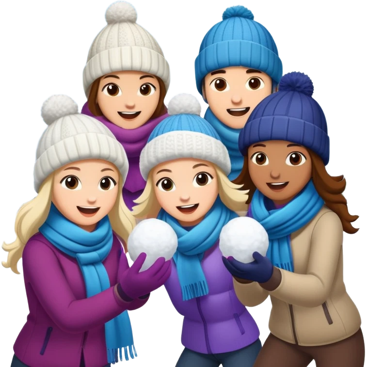 a group of friends having a snowball fight, winter hats and scarves, playful emoji
