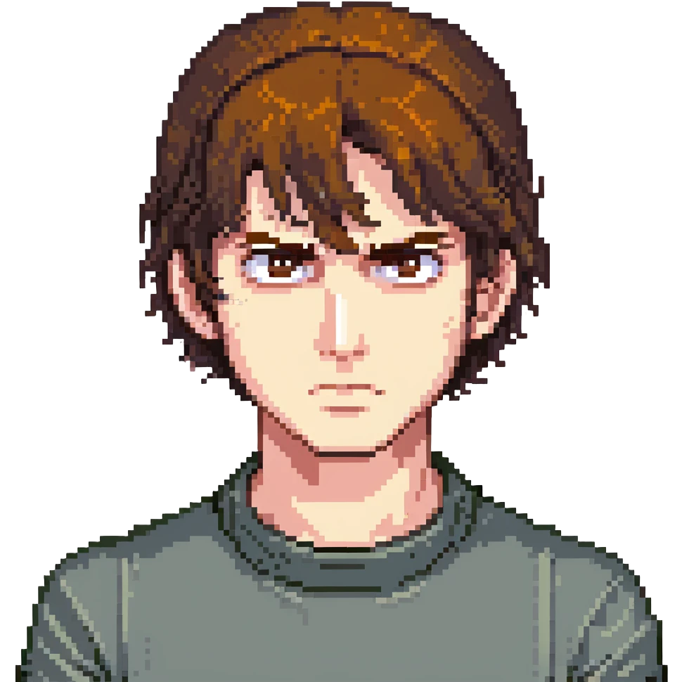 A man with brown hair and brown eyes, a little angry but kind at the same time. He has a bob-style hairstyle that covers his ears, has bangs in front of his eyebrows, and white skin. emoji