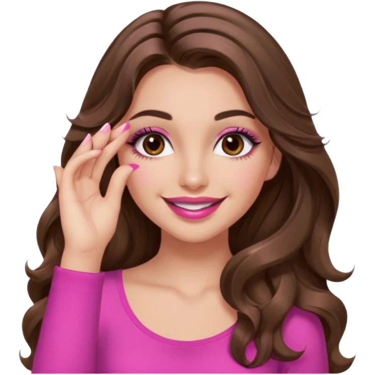 girl with long wavy brown hair, brown eyes, long lashes makeup, sexy pink lips, light to medium complexion, pink sexy top, smiling, hand covering eyes emoji