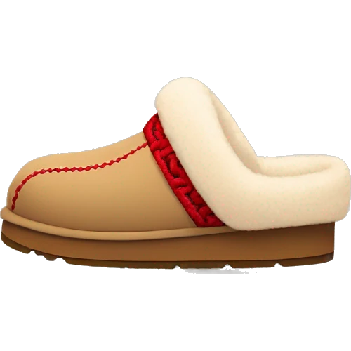 Ugg Camel slip-on slippers. A thin red zig-zag stitch only encircling ankles, VERY chunky platform sole. emoji