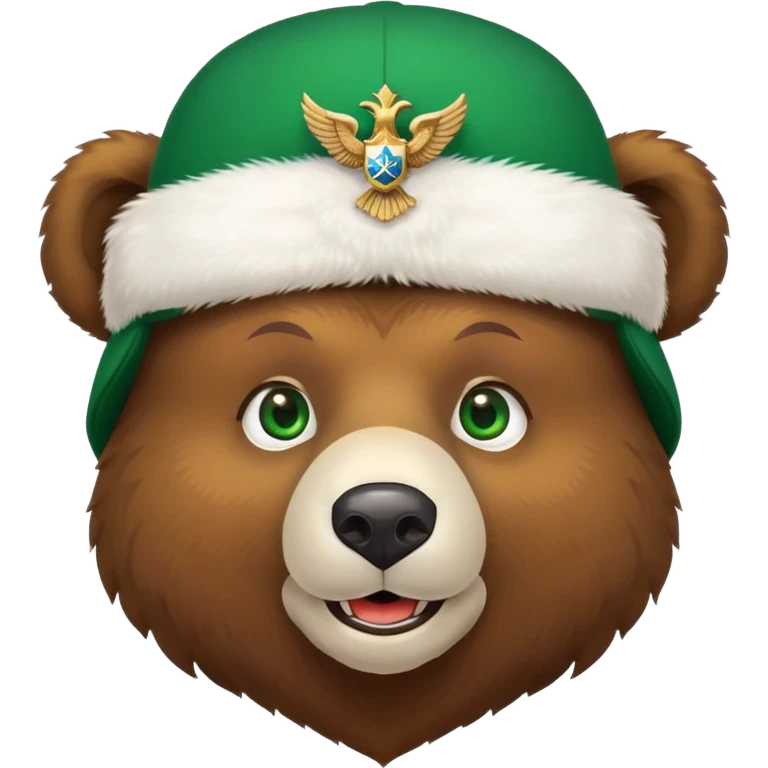 Smiling brown bear face with vivid green eyes, wearing traditional white ushanka hat featuring double-headed eagle emblem, Russian style emoji