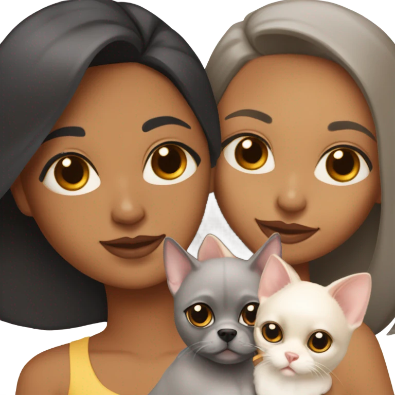 Latino women with black staight hair and brown eyes is holding a grey sphynx kitten and a ginger/ yellowish pomeranian dog emoji