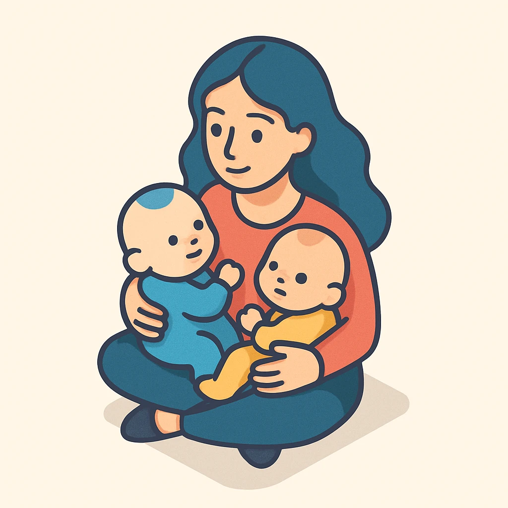 A woman with long wavy hair, large expressive eyes and lips, sitting and hugging two babies, with soft shadows and highlights, in 2D isometric illustration style, inspired by the reference image. emoji