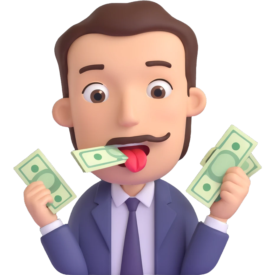 3D emoji style of a man with money stuffed in his mouth emoji