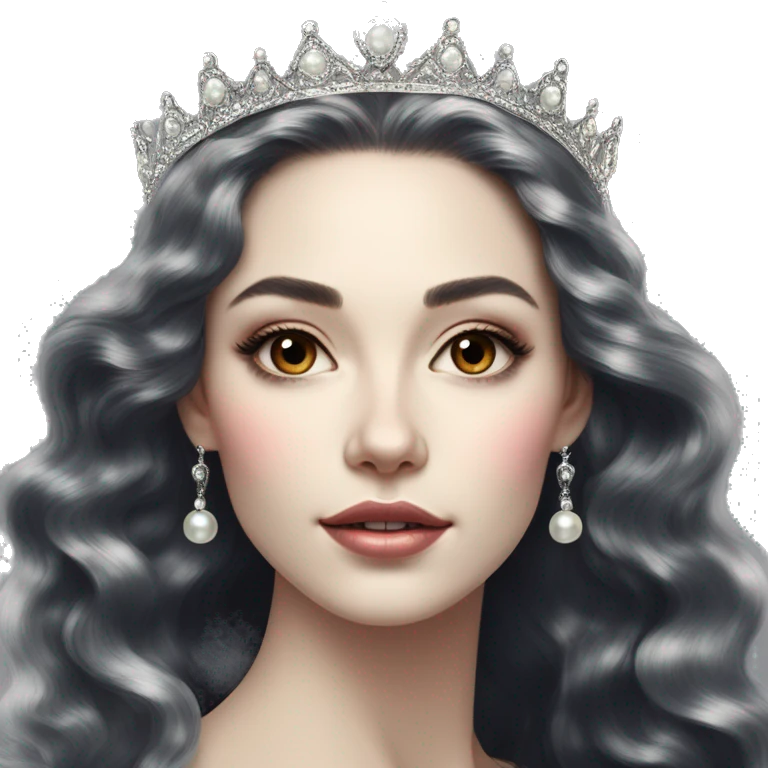 Regal pretty slender woman photograph defined cheekbones high cheekbones crown vintage with very long iridescent black and silver hair wavy long hair pearl crown iridescent emoji