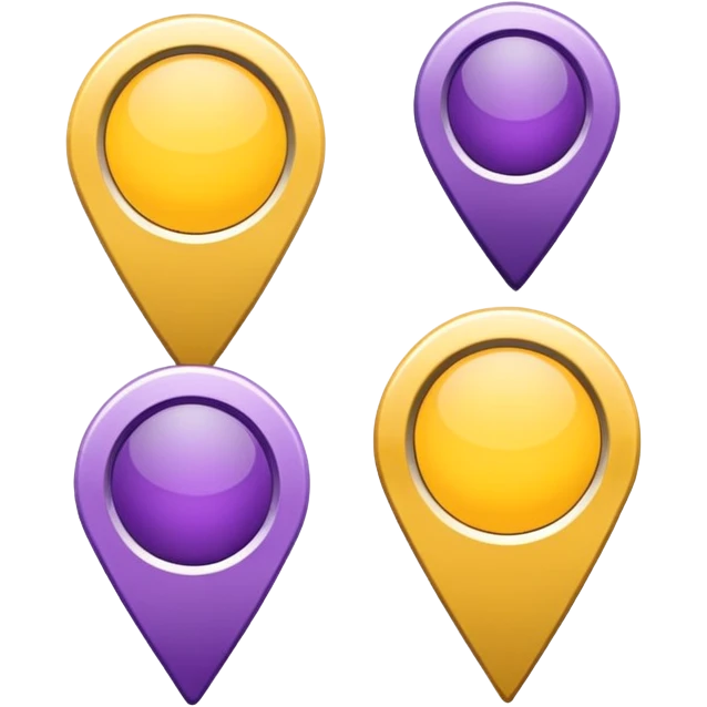 simple, minimalistic yellow (hex#FFD008) and purple (hex#8C52FF) icons of a pin location (round top and sharp bottom) emoji