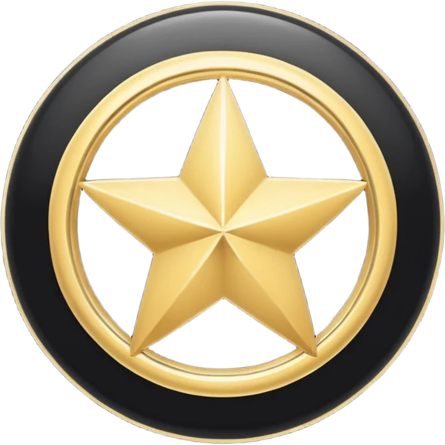 Create a high-quality emoji-style icon showing a black circle with a thin shiny golden ring around its edge. Inside the black circle, place a centered white five-pointed star. The overall look should be clean, modern, and polished, resembling a messaging app emoji. emoji