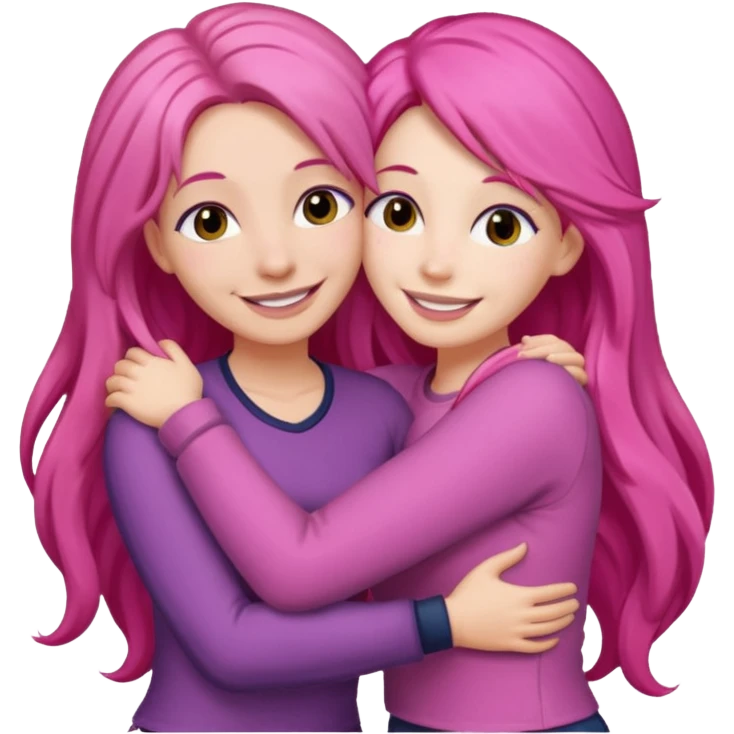 Surprisingly goofy once they open up. Strong, loyal, and incredibly supportive — but still hates wasting time. one woman long pink hair hugging another woman with dark hair emoji