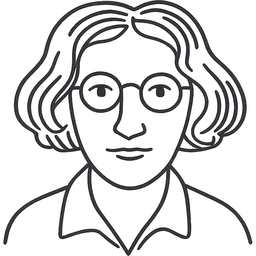 a hand drawn black outline portrait of philosopher Simone Weil with similar size eyes based a famous photograph of her emoji