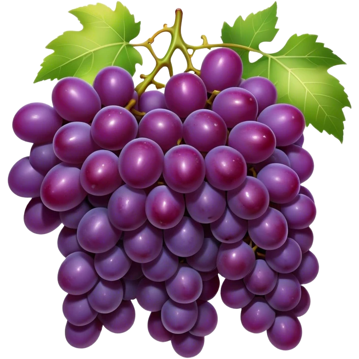Cinematic Realistic Grapes Emoji, Clustered together in rich purple hues, with smooth, plump skins reflecting light in a glossy, delicate sheen. The stems curve slightly, holding the clusters together like a sweet, natural treasure. Soft glowing outline, capturing the essence of natural sweetness and richness in a bunch of ripe grapes! emoji