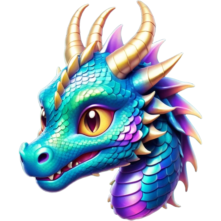Cinematic Cute Dragon Portrait Emoji, Head tilted playfully and inquisitively, with a sleek, serpentine body adorned in iridescent scales and a charming, expressive face featuring subtle, delicate horns, round, sparkling eyes brimming with curious magic, Simplified yet irresistibly adorable features, highly detailed, glowing with a warm, enchanting glow, high shine, affectionate and mystical, stylized with a touch of whimsical fantasy, soft glowing outline, capturing the essence of a mischievous yet loving dragon that feels like it could slither out of the screen into your arms! emoji