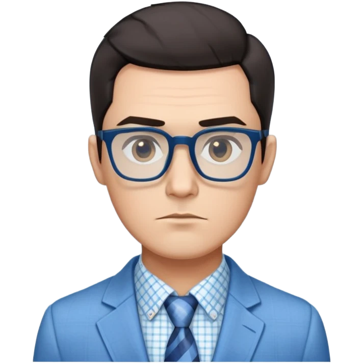 Man with angular square face, large dark square eyeglasses, short straight dark hair with side part. Composed serious expression. Wearing a light blue blazer over a white button-up shirt with blue checkered pattern. emoji