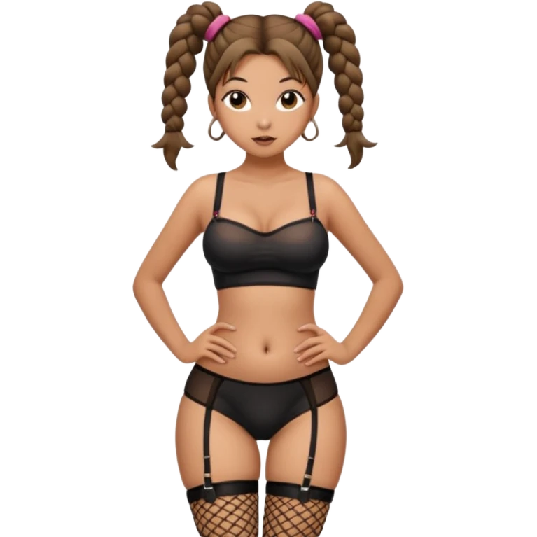 Her hair is in pigtails and she is completely  naked except for thigh-high fishnet stockings.  Her hands are on her hips and her pubic hair is thick and brown.  Her breasts are large and perky emoji