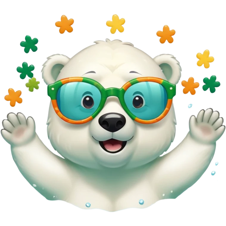 friendly anthropomorphised polar bear swimming freestyle, excited expression, wearing large multicolored star-shaped glasses, no St. Patrick's Day outfit emoji