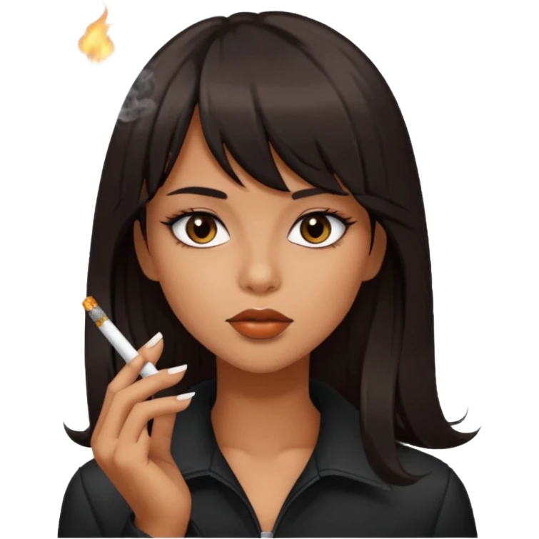 Hot girl with tan skin, dark brown eyes, and dark long layered hair with bangs smoking a cigarette  emoji