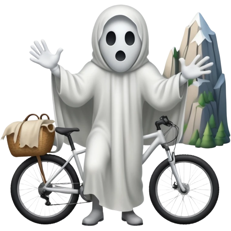 Ghost on bicycle, 3d pictograph, full body, male, arms covered with cloth and invisible, holding handlebars, left hand also holding handlebars, mountain bike emoji