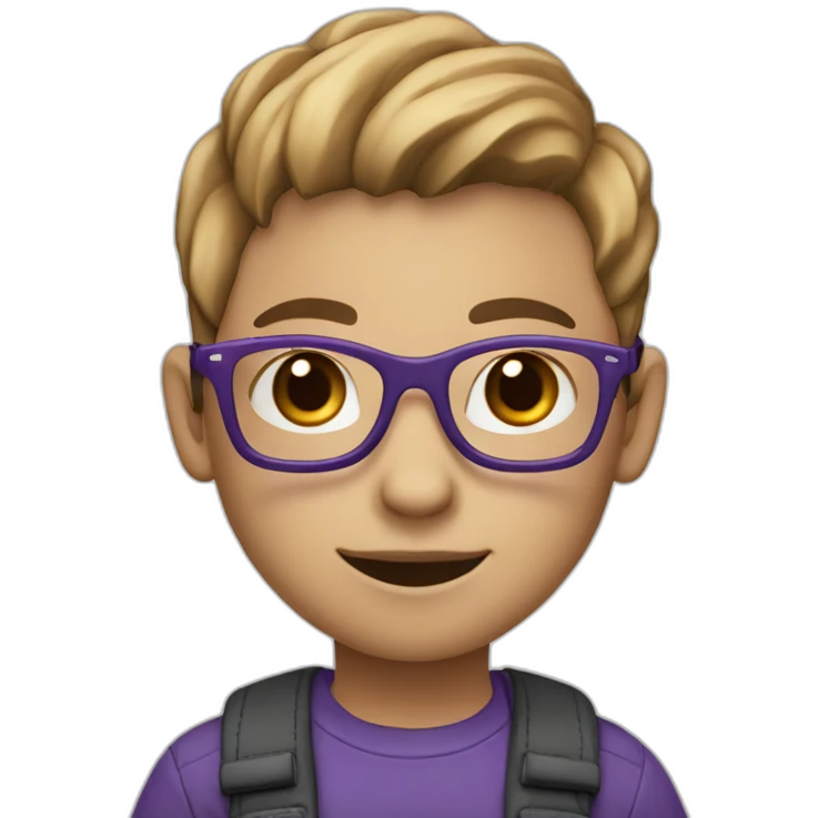 Child with black glasses ,a jeans and purple trousers with light Brown hair and a white skin color emoji