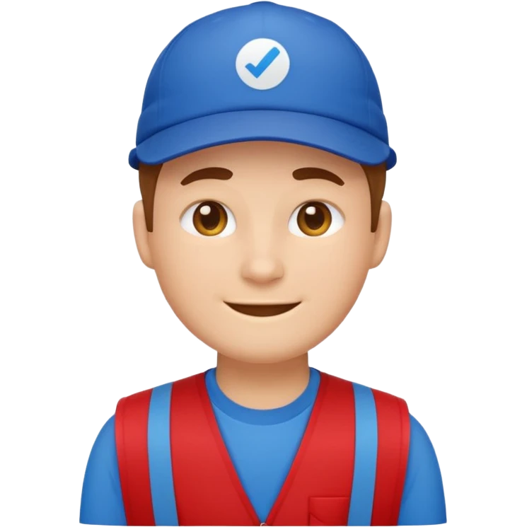 front-facing emoji-style character representing a Lowe’s store associate, flat vector style, clean and minimalist like Apple emojis, wearing a red vest, blue shirt, and blue cap, soft smile, rounded facial features, sticker-like outline, no logos, no text, centered emoji