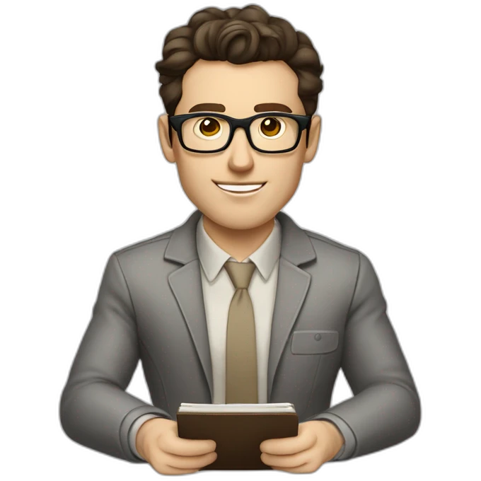 Pale skinned Fit Man With dark brown hair in gray jacket with emblem Ψ, beige office shirt and vintage glasses sitting In a soft chair with a notebook and a pen in his hands emoji