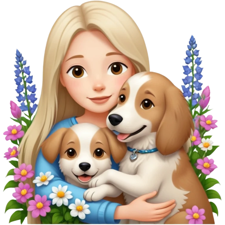 A beautiful girl with long straight hair happily hugs an Alaskan dog in the flowers emoji