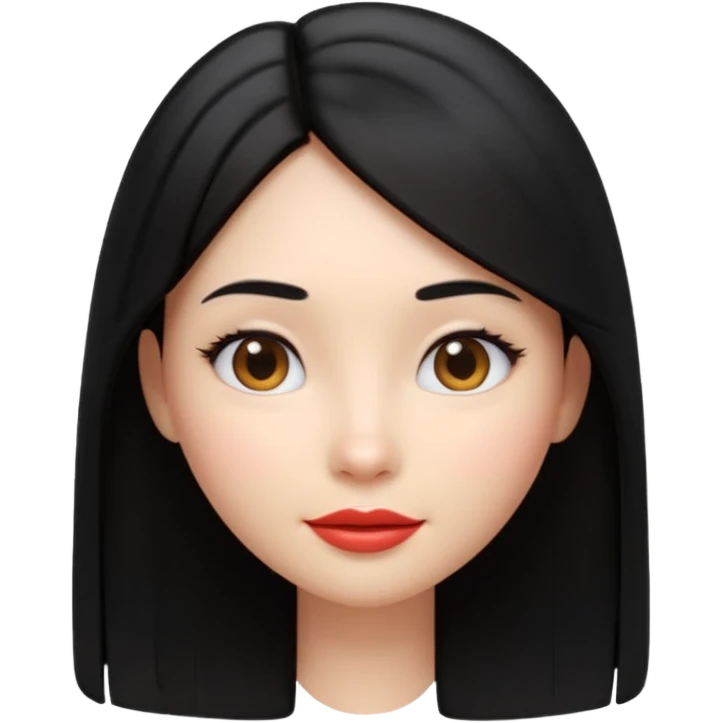 A cute 3D female emoji avatar, smooth skin, long straight black hair, glossy lips, soft lighting, minimal background, beauty branding style, high quality, Pixar style, front view, symmetrical face, clean and elegant emoji