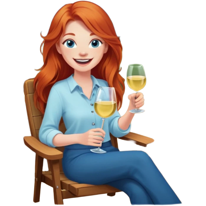 Laughing redhead long hair and blue eyes holding white wine sitting in chair beside fire pit emoji
