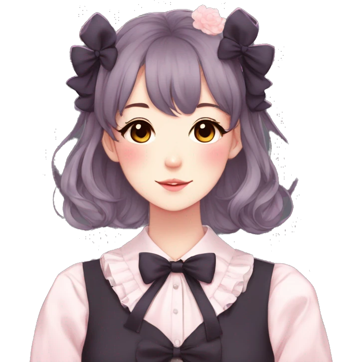 Gorgeous pastel anime style lady with blushing face and flowers and laces and bow ties and pretty hair aesthetic trending style emoji