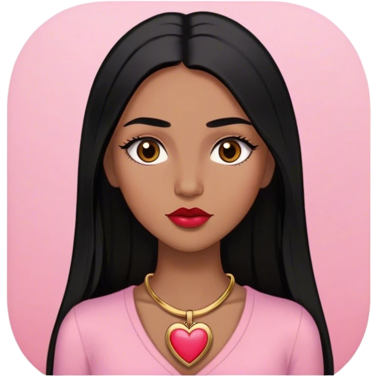 Woman,Medium brown skin,super long black straight hair, medium brown arched eyebrows, full lashes, red nude lips, small gold heart locket, pink shirt emoji