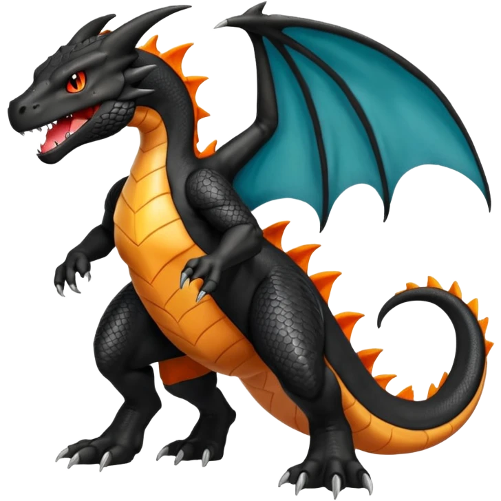 Shiny Black Koraidon-Charizard-Salandit-Fakémon-hybrid-creature (full body) with orange belly emoji