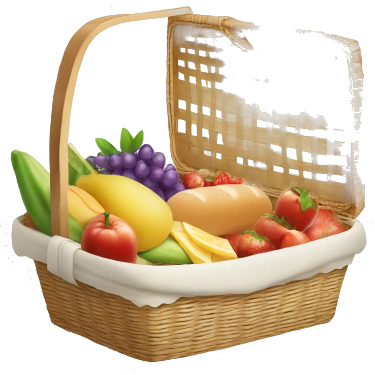 beautiful white picnic basket filled with romantic summer foods with a Summer Core emoji