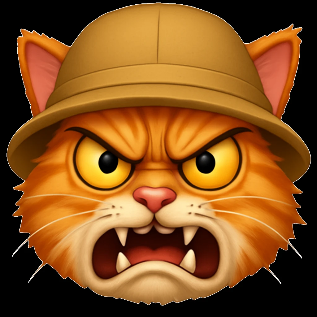 A cat wearing a hat with a very funny face but with an angry expression, emoji style. emoji