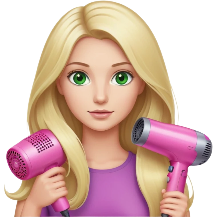 blonde woman, long hair, green eyes, pink Dyson hair dryer in hand emoji
