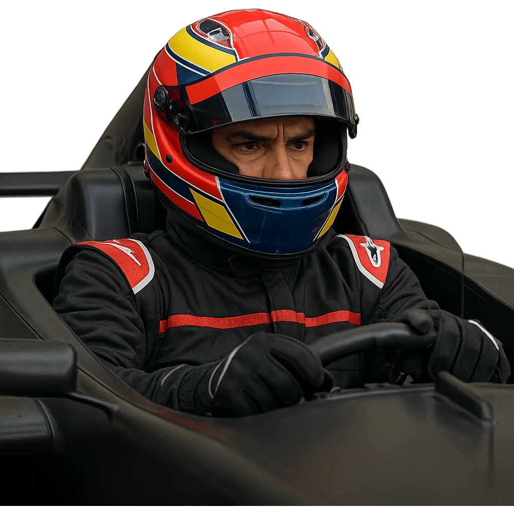 Formula 1 driver in a car, focused expression, racing helmet and suit emoji