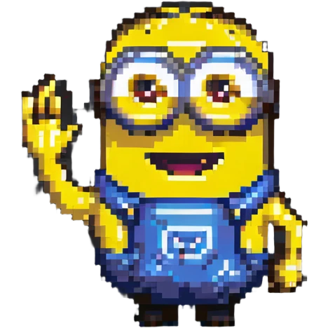 happy Minion pixel art character, two eyes, waving hand emoji