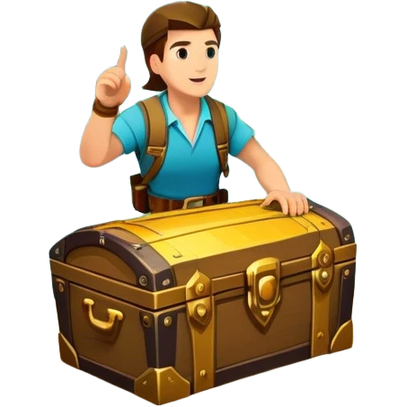 Icon for Adventure Movie: A vibrant, cinematic poster-style design featuring an action-packed scene. Include an adventurer with a map, a treasure chest, a jungle background, a towering mountain, and ancient ruins. Bright colors, bold typography, and an exciting atmosphere. Transparent background. emoji