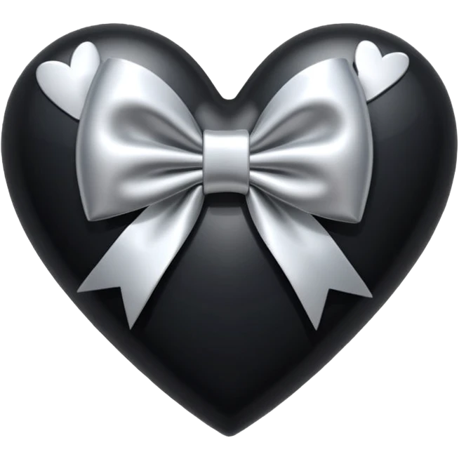 glossy patchwork black heart with a silver bow and heart pattern on the bow emoji