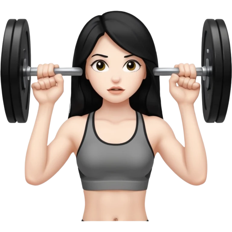pale girl with long black hair lifting a barbell emoji