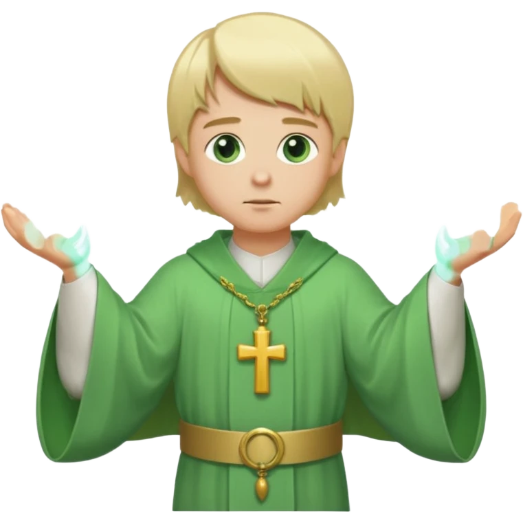 a priest, green eyes, blonde hair, light green wide, flowing, bell-shaped outer robe. opening arms, gazing thoughtfully. Soft light, subtle fern. Waist-up, profile. emoji