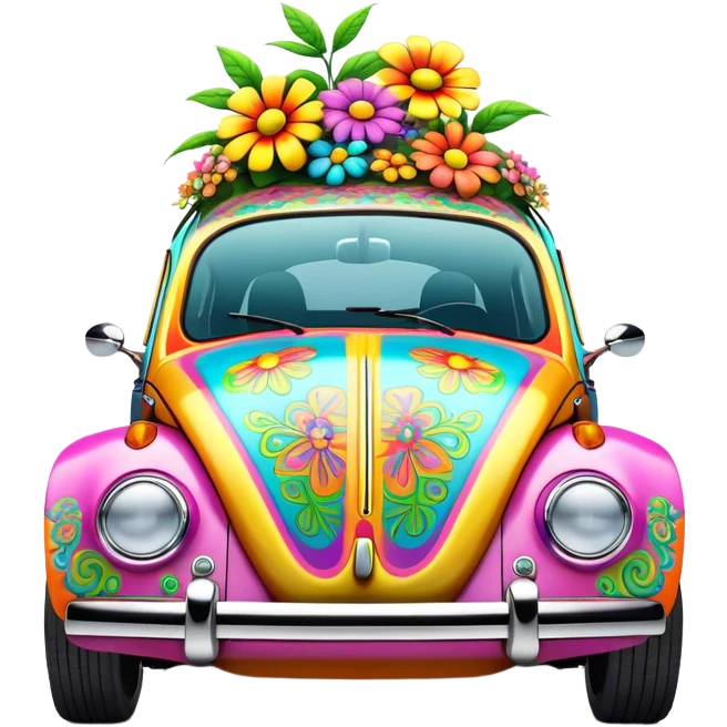 3D, psychedelic colored VW beetle with hippie style flowers emoji