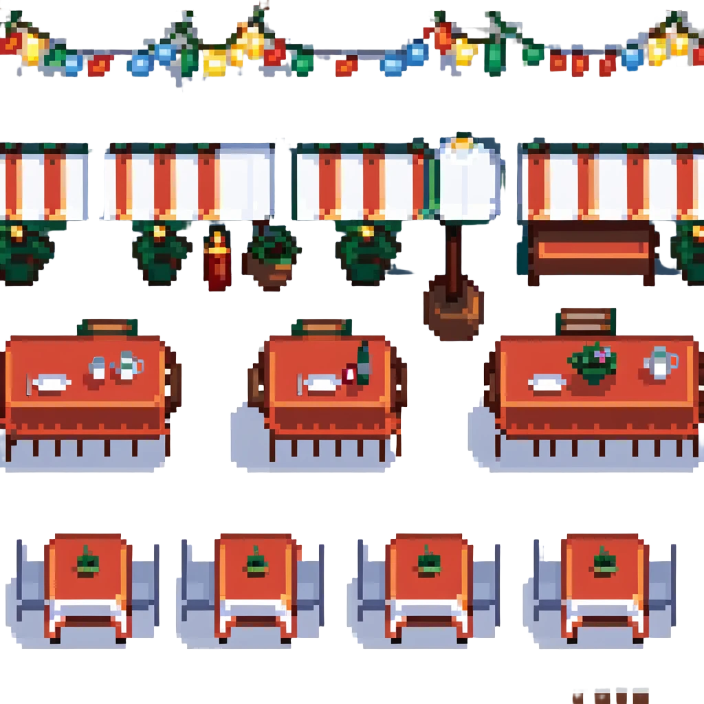 Italian restaurant with outdoor seating, checkered tablecloths, string lights in pixel art style emoji
