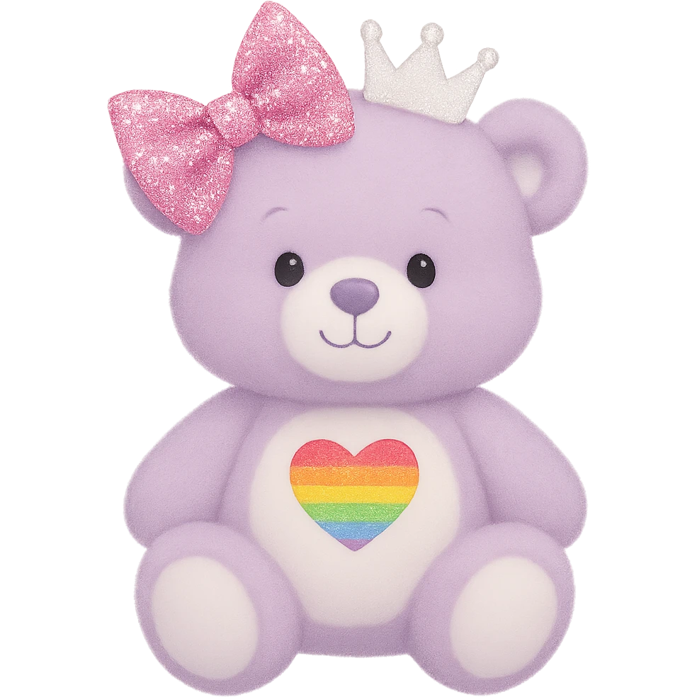 Add a glittery bow that sparkles to the purple and white teddy bear with a heart-shaped rainbow patch and a white crown. Keep the bear soft and plush, with no shadows and flat lighting. Remove the background. emoji
