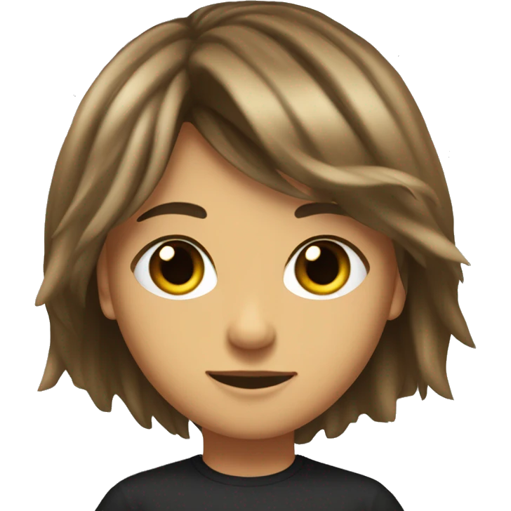 A Brunner hair kinda tanned with brown pitch black eyes and long to shoulders hair with curtain bangs emoji