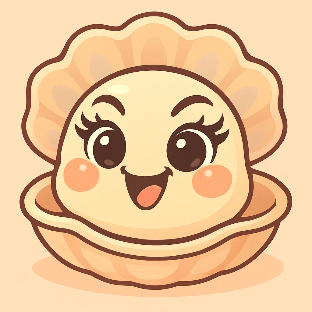 Create a version with even more expressive black eyes, expressive eyebrows, pretty eyelashes, and enhanced pastel, pearly, cream, peach, and greige shades. Keep the large shell, small oyster, pastel toon style, background, and mischievous expression as in the reference image. emoji