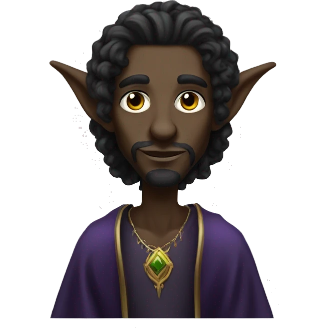  A black male high elf that is a witch fortune teller that has large, pointed ears with long black curly hair past his back emoji