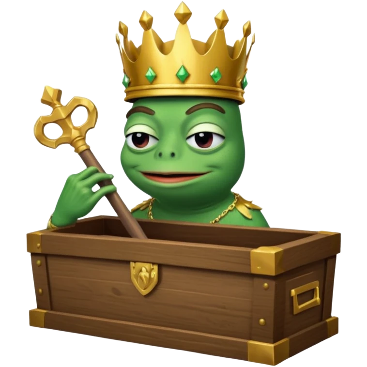 Emoji of an empty wooden coffin with its lid on top, the word ‘ECHO’ carved into the lid. The coffin is shown from the outside. A king-like Pepe the Frog, standing outside the coffin, is hammering nails into the lid to seal it shut. No character is inside the coffin. Not a treasure chest. emoji