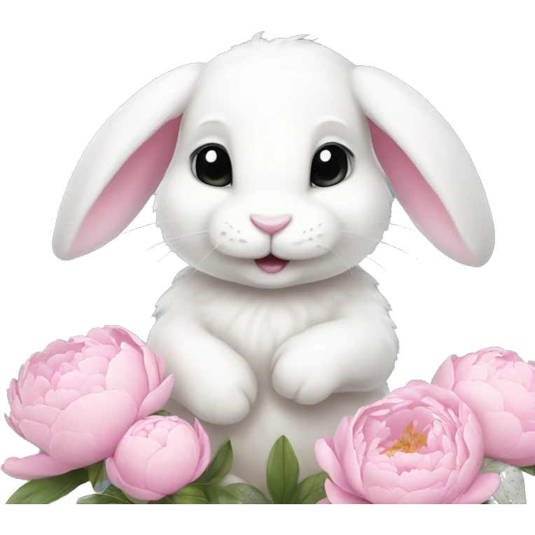 cute white bunny holding light pink peonies emoji