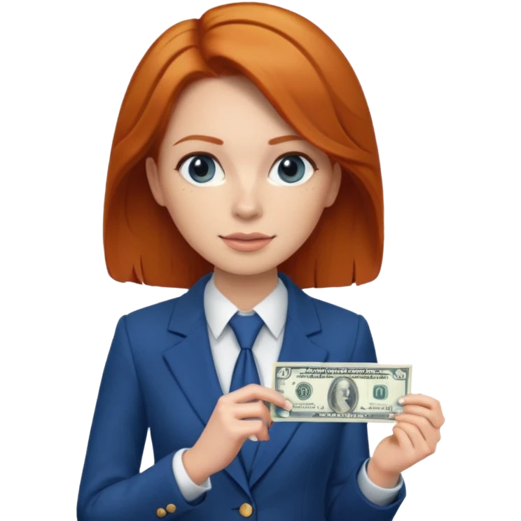 ginger hair Woman wearing blue suit holding dolar emoji