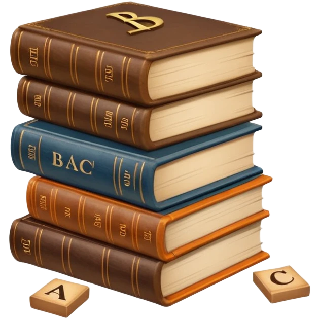 a stack of books with an ABC block tipped over and letters falling, symbolizing bad grammar and writing emoji
