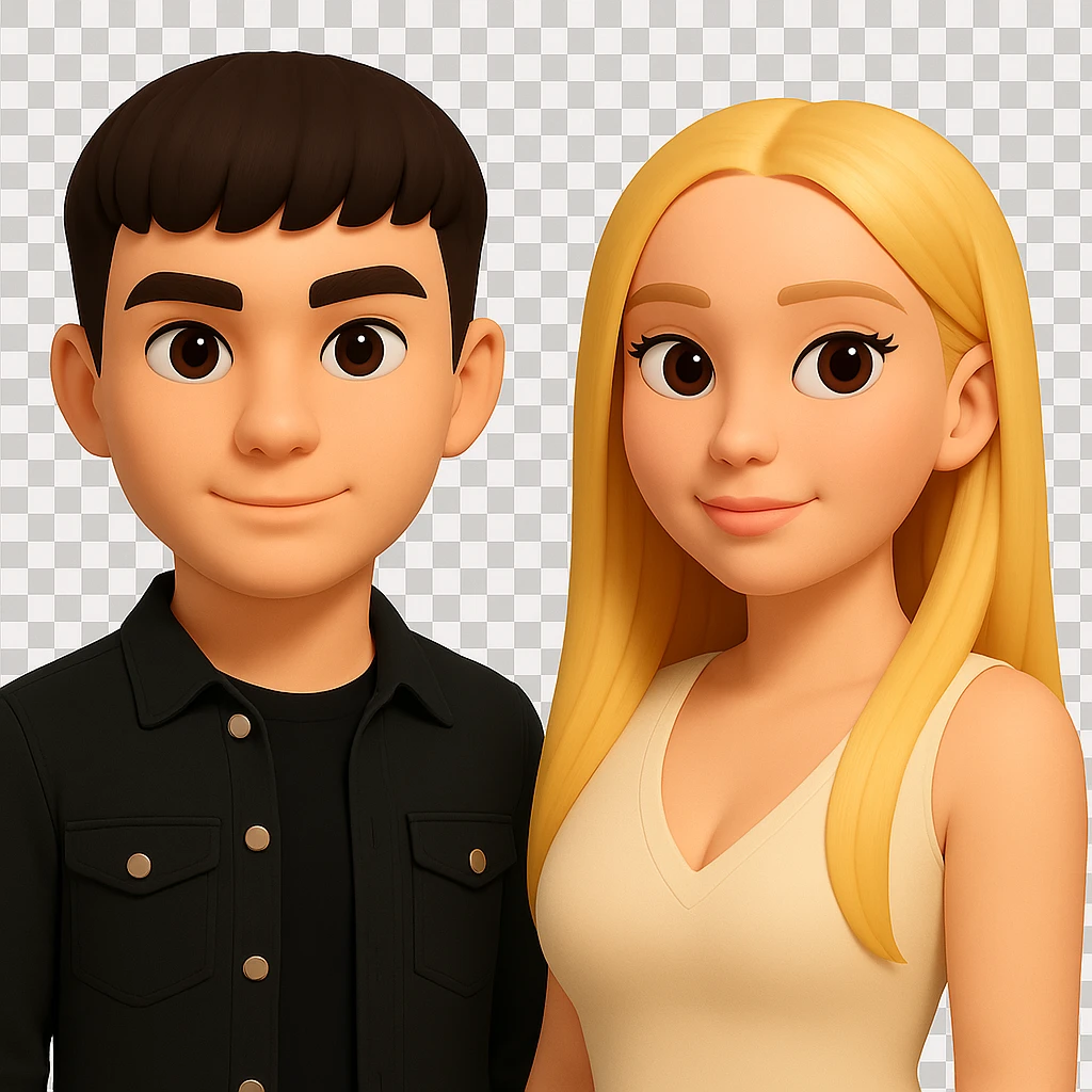 Slightly increase the volume of the upper body of the girl, separate the girl and the boy from each other, make the skin color the same for both. Maintain the cartoonish 3D style and keep the background transparent. The original style is cartoonish 3D. emoji